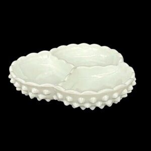 Vintage 1960's Fenton Hobnail Milk Glass Relish Dish 3 Part Divided Candy Nuts